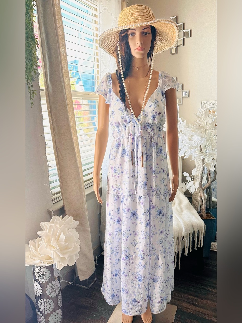 Floral V‑Neck Maxi Dress in White with Light Blue Print